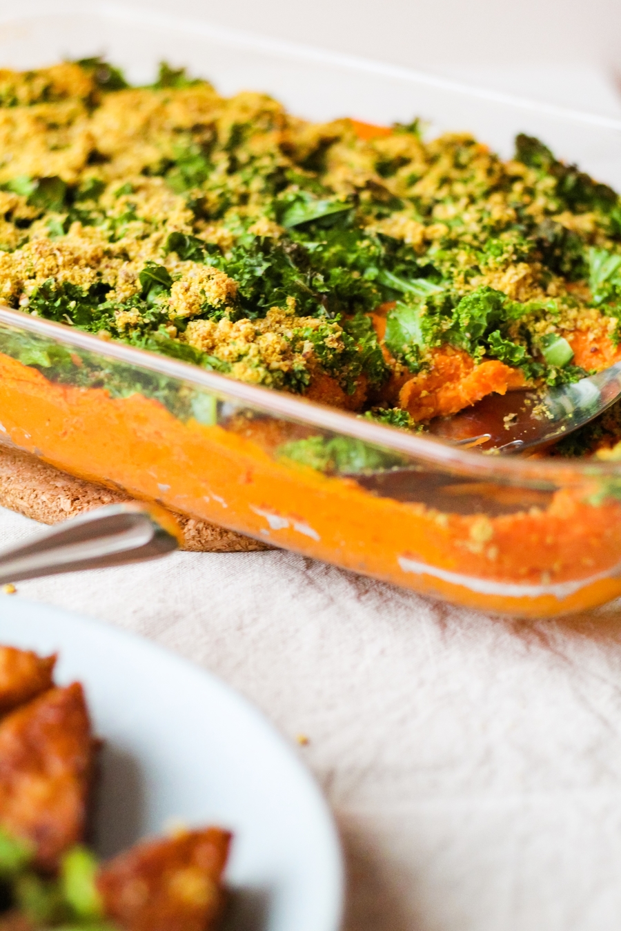 Healthy Vegan Sweet Potato Casserole with Crispy Kale and Pecan Parmesan
