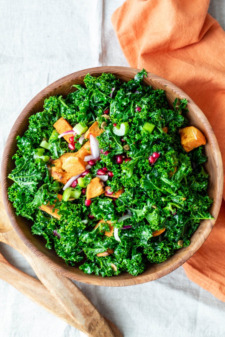 Festive Kale, Pomegranate, Pepita, and Sweet Potato Salad Recipe