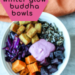 a graphic for pinterest of an overhead view of the buddha bowl with text overlay with the title of the recipe