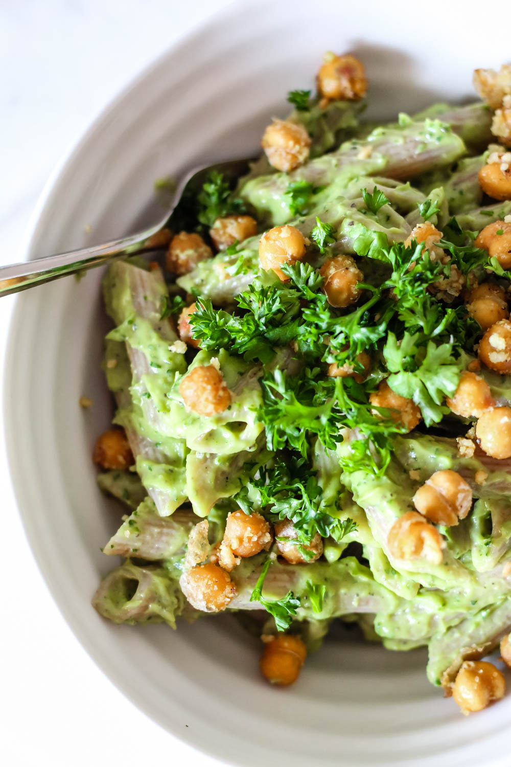 Vegan Avocado Pasta With Parmesan-Roasted Chickpeas | Up Beet Kitchen