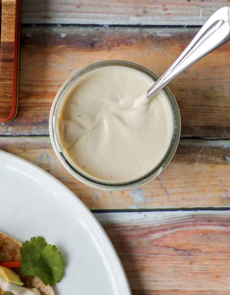 overhead shot of the cashew aioli in a jar 