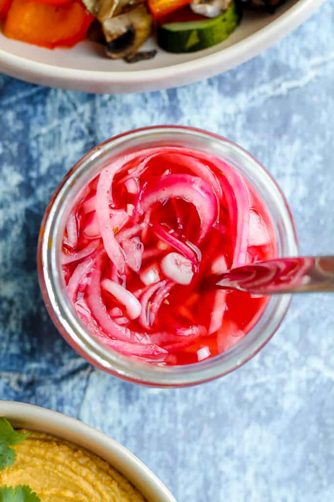 overhead shot of the quick pickled red onions