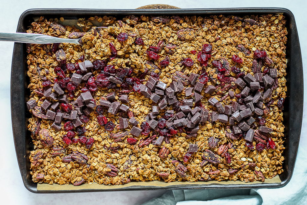 overhead photo of the granola on a baking sheet 