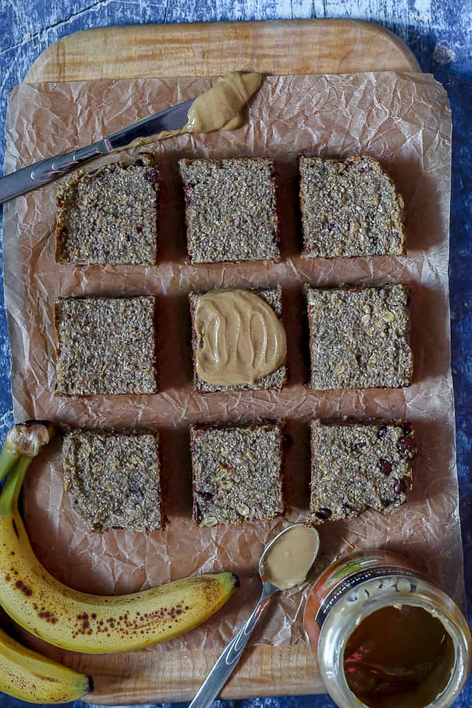 overhead shot of the breakfast bars on a dark blue backdrop