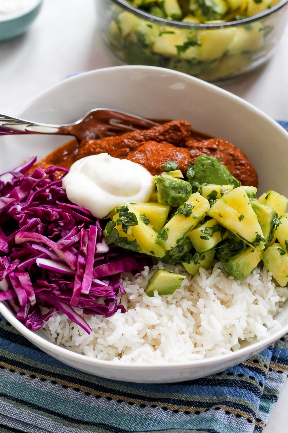 angled overhead shot of a mole chicken bowl on a striped blue towel