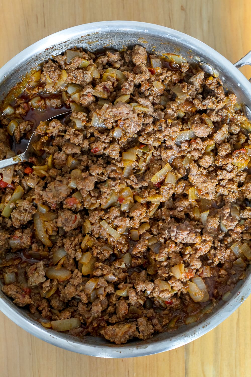 close up overhead shot of a skillet of beef taco meat