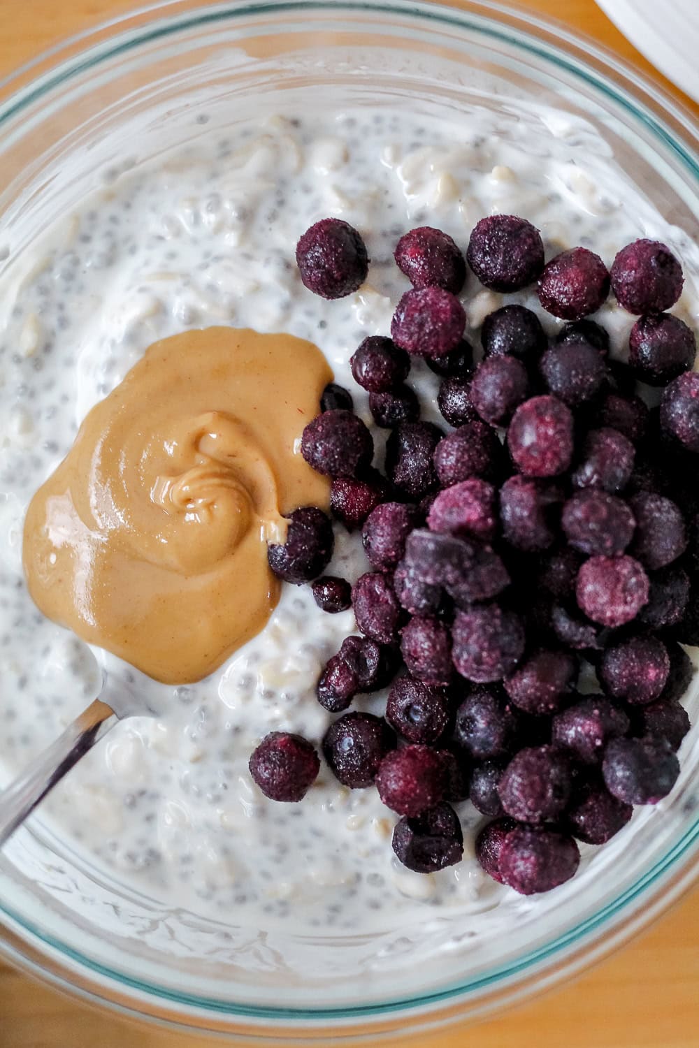 close up overhead photo of the overnight oats in a container
