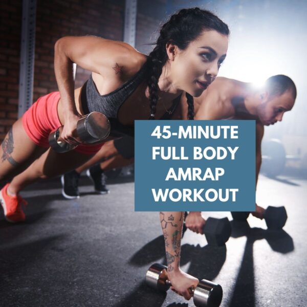 featured image for full body amrap workout showing two people doing dumbbell renegade rows together