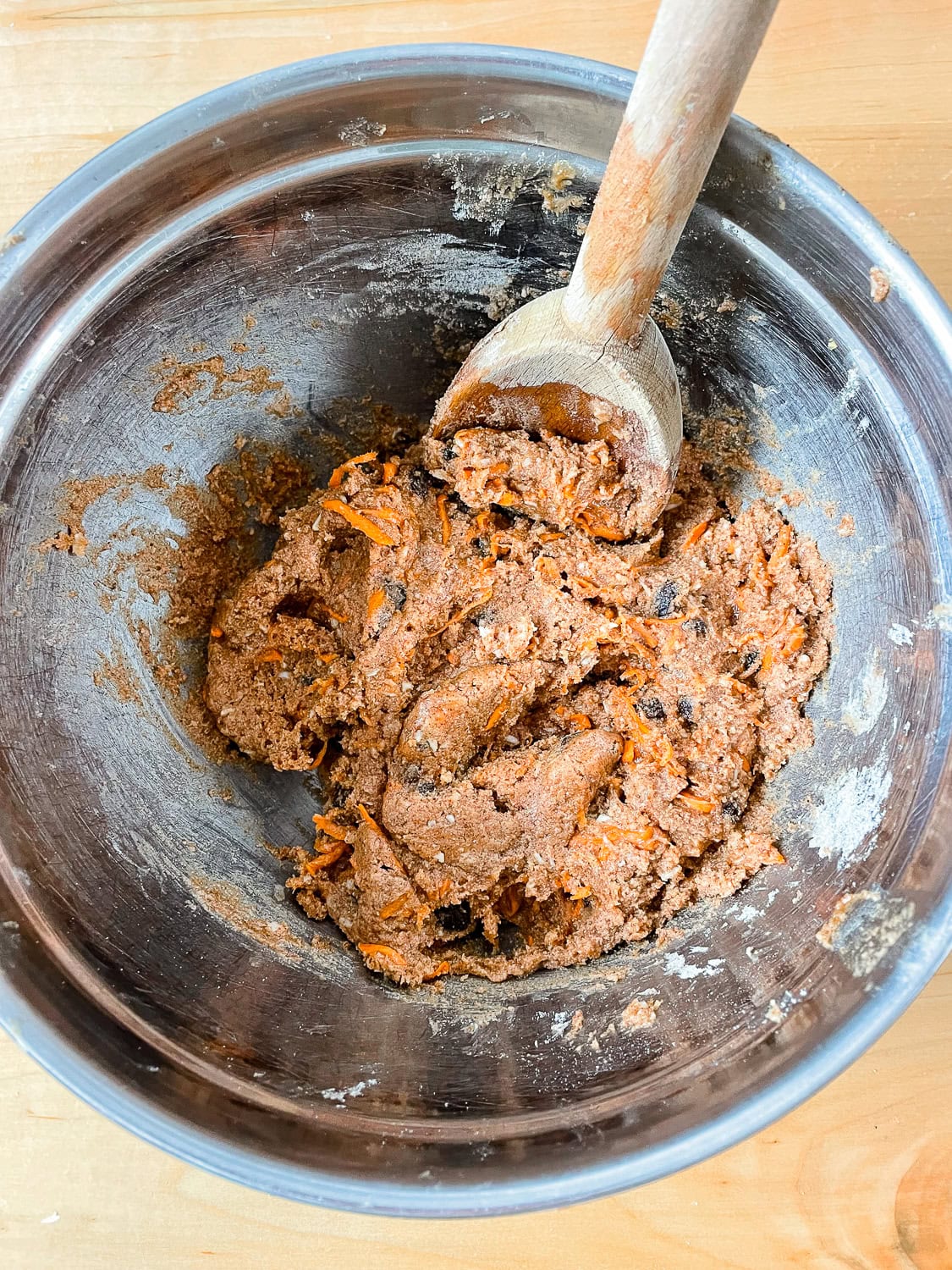 process photo of the protein bar dough in a mixing bowl 