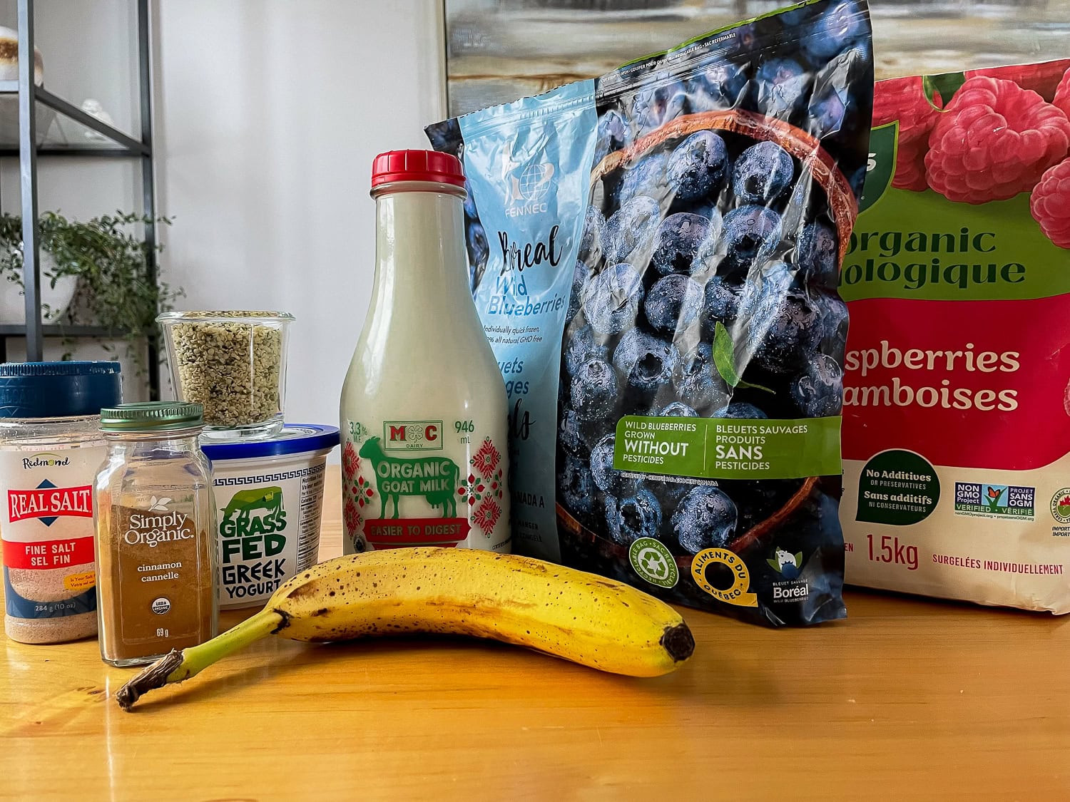 the smoothie ingredients arranged on a table