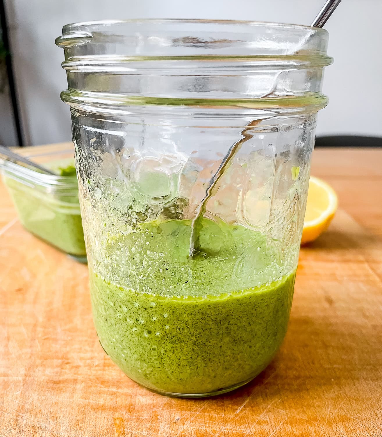 straight on photo of the salad dressing in a glass jar