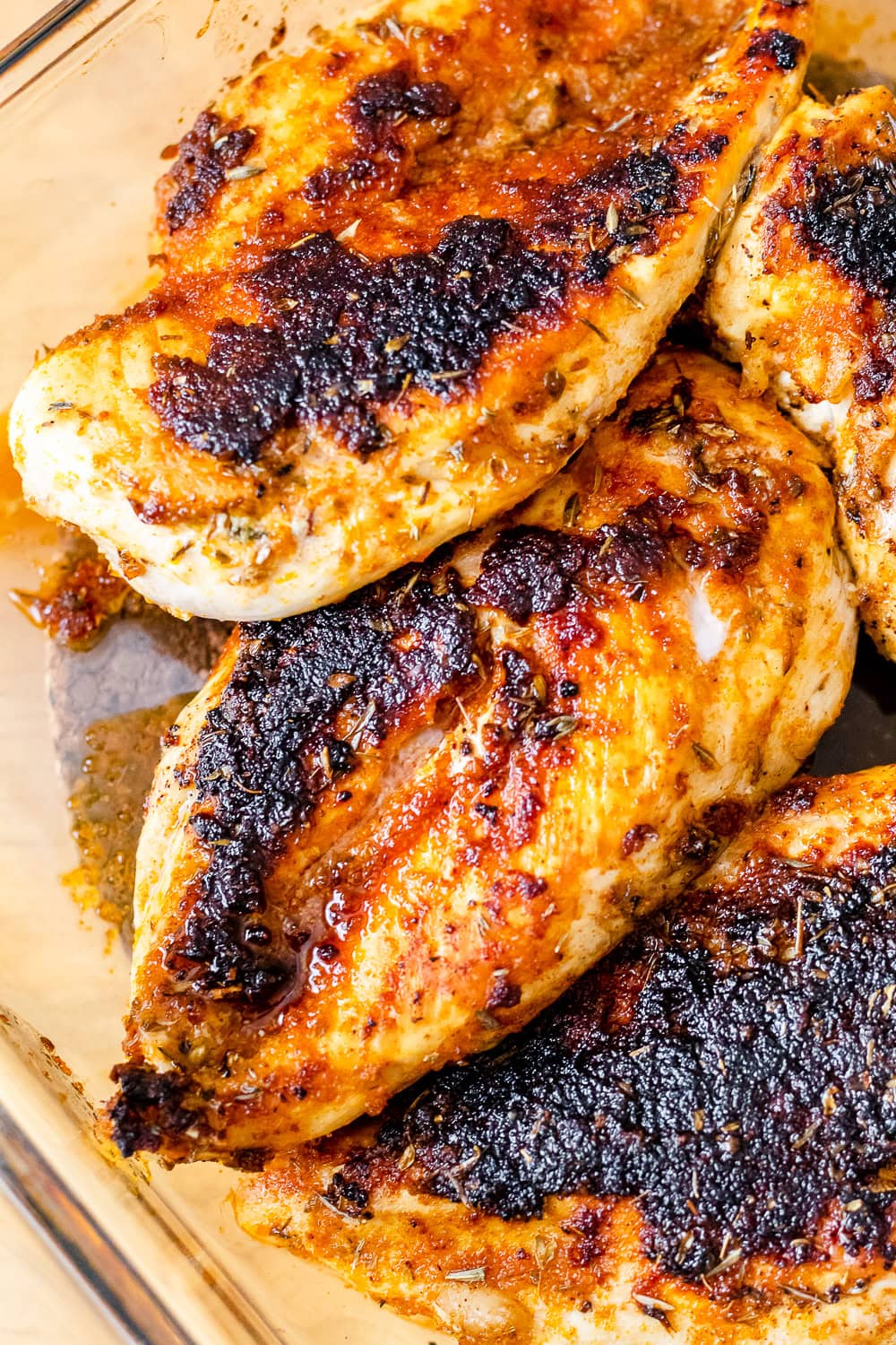close up photo of the chicken breasts after they have come out of the oven